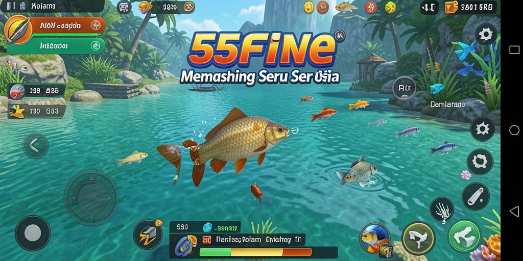 Tampilan gameplay 55FIVE yang menampilkan pengalaman memancing yang seru dan menarik.