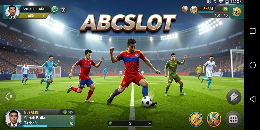Screenshot utama gameplay <strong>ABCSLOT</strong> menampilkan aksi pertandingan sepak bola yang mendebarkan.