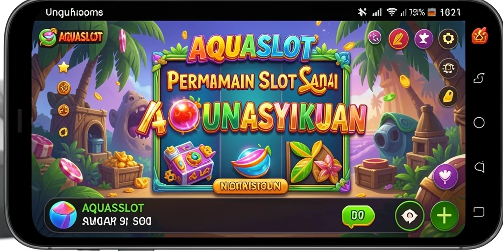 Screenshot gameplay AQUASLOT menampilkan keseruan bermain slot dengan tema berwarna-warni.