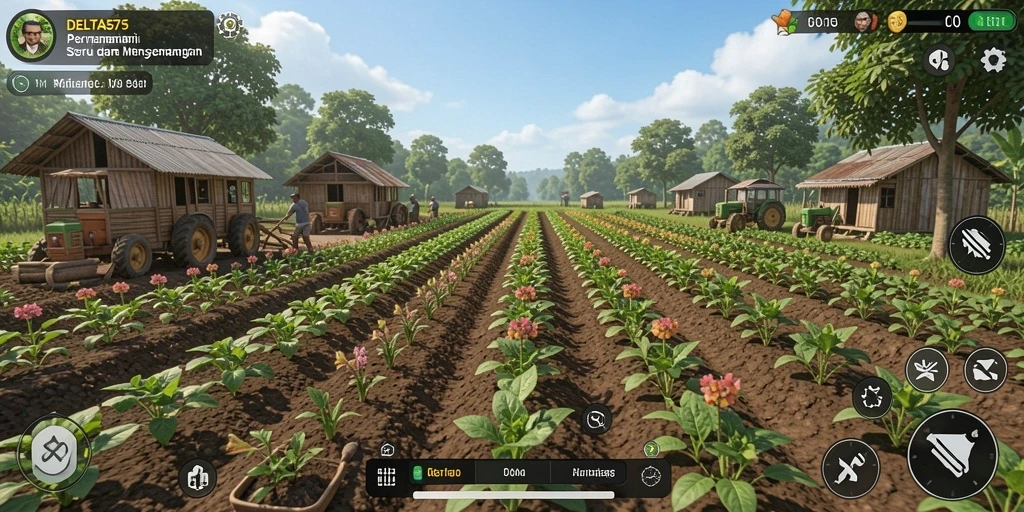 Tampilan gameplay seru dalam DELTA575 saat bertani dan mengelola hasil panen.