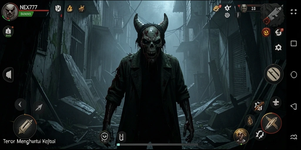 Screenshot gameplay menampilkan suasana menakutkan NEX777 dengan efek visual yang mencekam.