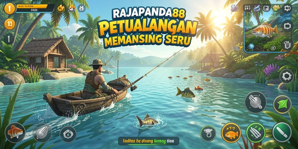Gameplay RAJAPANDA88 saat memancing di lautan indah dengan berbagai ikan.